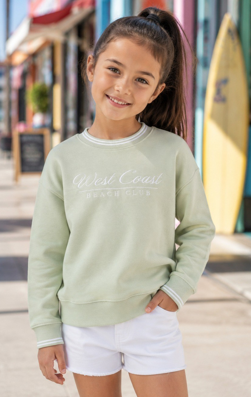 NWT Girls XS 4/5 West Coast Beach Club Graphic Sweatshirt Sage Green